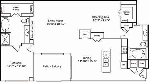 A floor plan of a home with a living room, dining room, kitchen, and bathrooms.